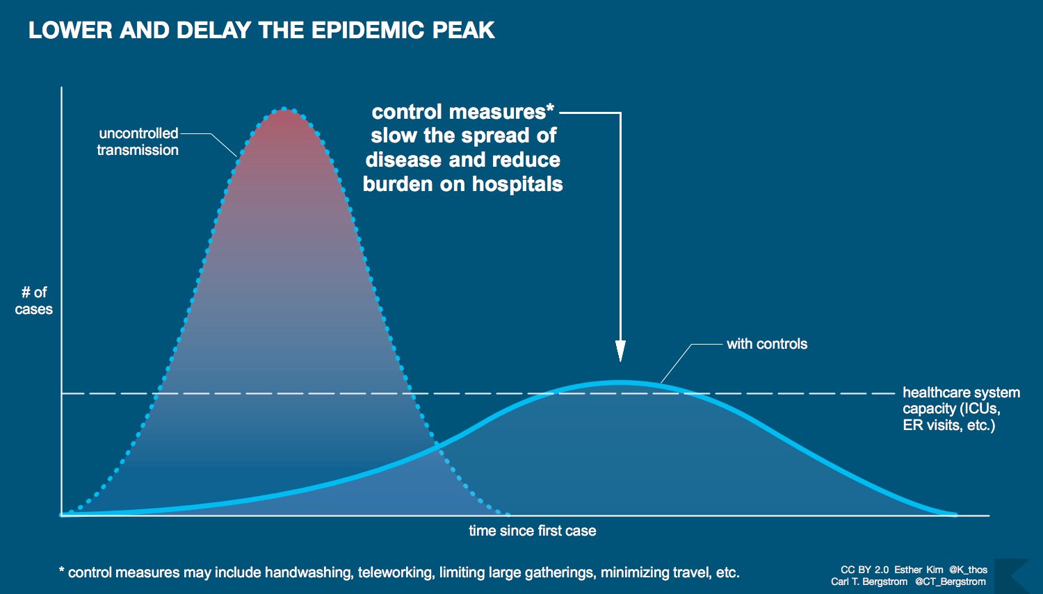 a graph showing the condensed and high peak of infections without interventions versus a longer, slower, and lower infection rate with interventions